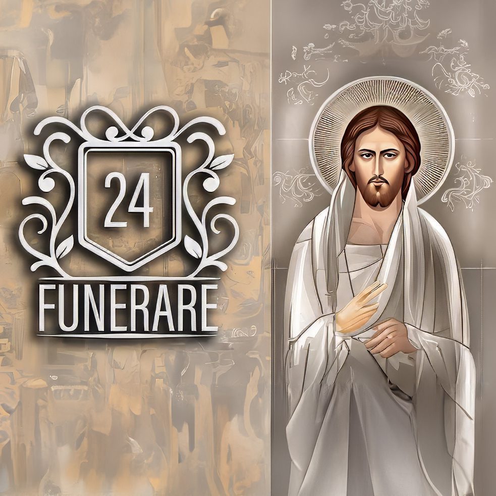 Sigla agentiei noastre funerare, F24, alaturi de imaginea sfanta a Mantuitorului.