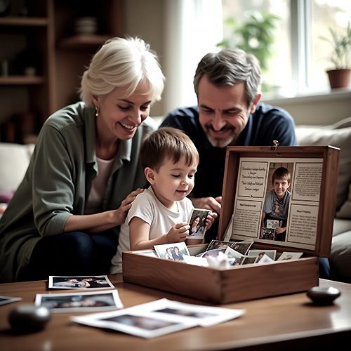 Familie adunată în jurul unei cutii cu fotografii si amintiri.