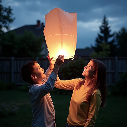 Comemorare: tanara mama si copil lansând un felinar de hârtie în amurg.