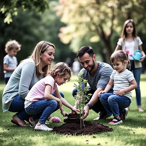  Crearea unor memoriale durabile și continuitatea vieții: o familie plantând un copac memorial într-un parc public.