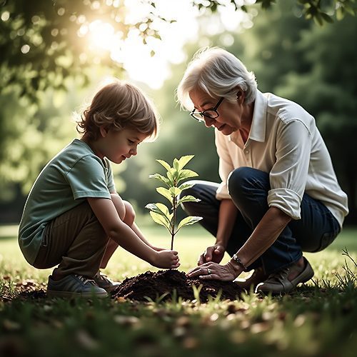 Ciclul vieții, creșterea și transmiterea cunoștințelor între generații: un bunic și un nepot plantând un copăcel într-o grădină.