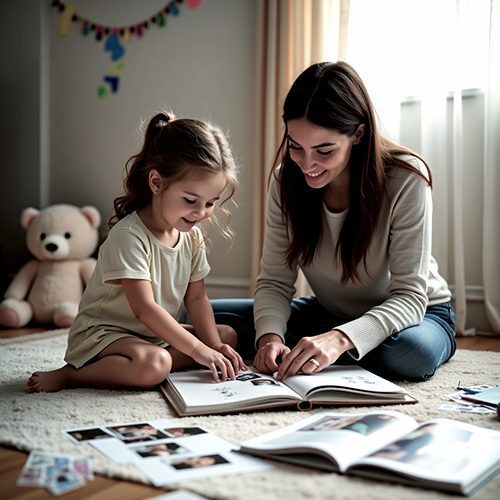 Procesul terapeutic de păstrare a amintirilor și exprimare a emoțiilor: Un părinte și un copil creând împreună o carte de amintiri.